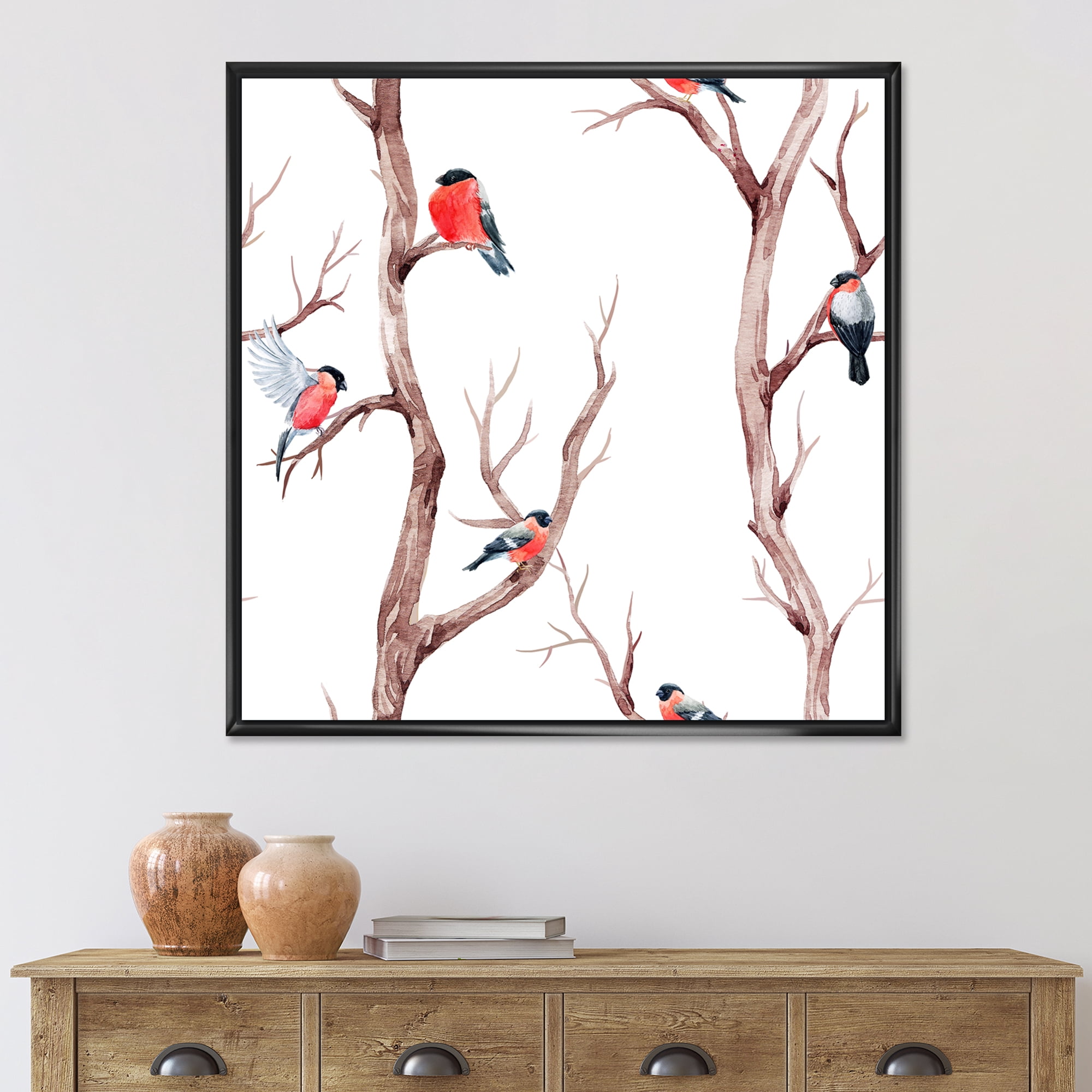 Designart 'Little Birds Sitting On The Tree Branches III' Traditional Framed Canvas Wall Art Print
