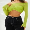 thumbnail image 5 of Women Off Shoulder Long Sleeve Top Mesh Ruched Slim Fit Crop T Shirt Sheer Blouse, 5 of 5