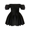 thumbnail image 6 of Dress for Women Puff sleeves One-shoulder Flowy Puffy Mini Skirt Fitted Solid color Pleated Waist Sundress(Black,M), 6 of 7