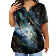 Huresd Women Plus Size Tops Casual Shirt for Work Office Work Shirts Marble Print Women's Summer Round Neck Blouses Navy 5XL