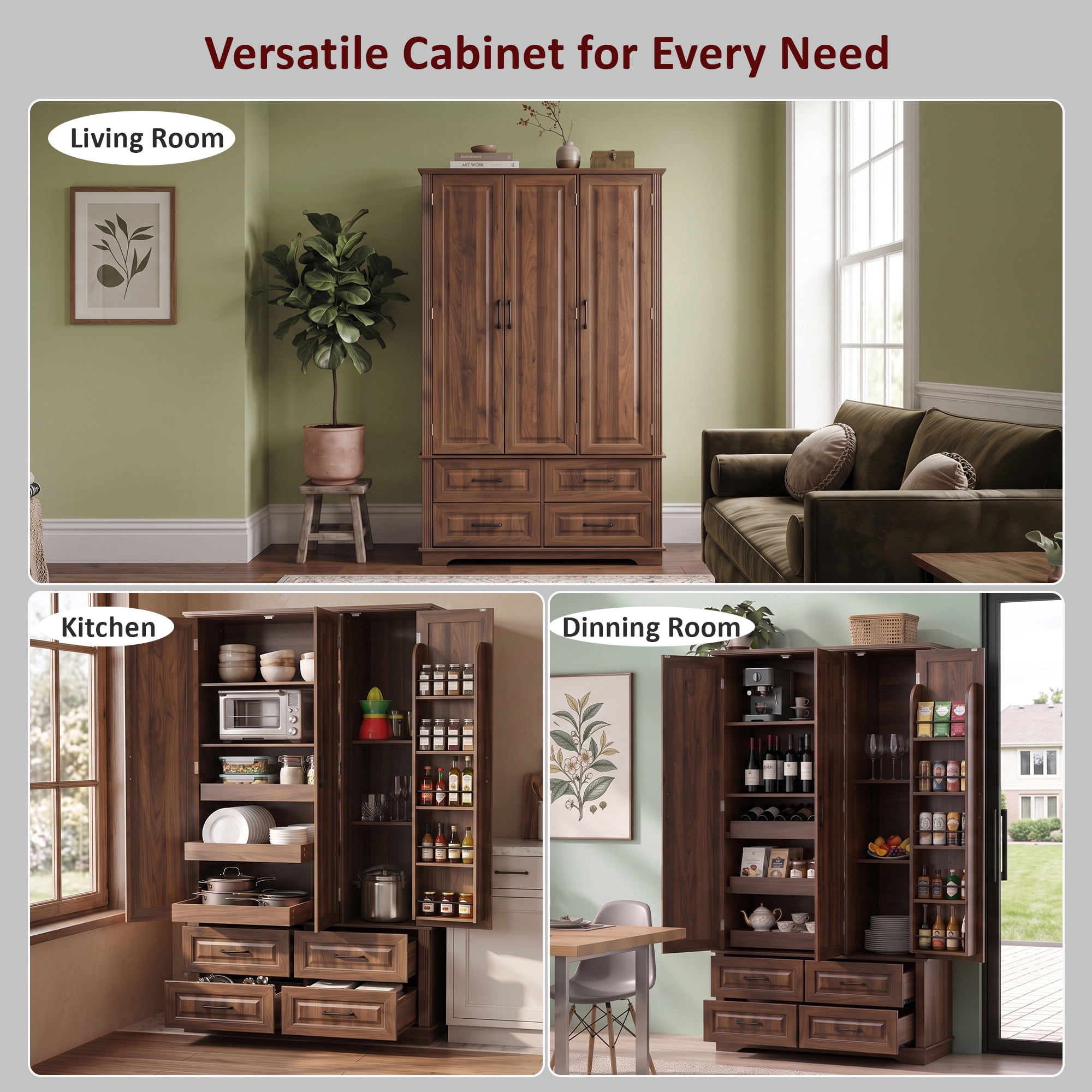 Euroco 72" Kitchen Pantry Storage Cabinet, Farmhouse Freestanding Cupboard Buffet with 3 Pull Out Tray, 5 Door Racks,4 Drawers and 3 Doors for Dining Room,Walnut Brown