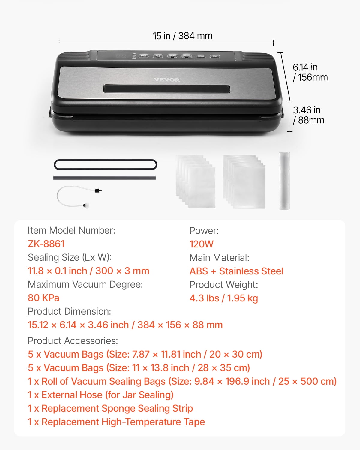 VEVOR Vacuum Sealer Machine, 80Kpa 120W Powerful Compact Food Sealer, 7-in-1 Multi-Functional Food Vacuum Sealer, Automatic Air Sealing System with Built-in Cutter with 10 Vacuum Bags & 1 Bag Roll