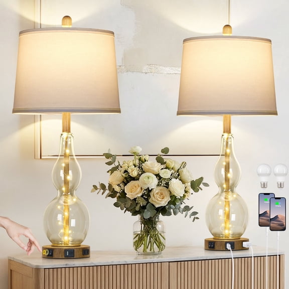 Lolikit Table Lamps Set of 2, Modern Nightstand Bedside Lamp for Bedroom Living Room with USB C A Ports & AC outlet,Bulbs Included