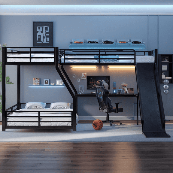 Triple Bunk Bed, L-Shaped Twin over Full with Twin Loft, Metal Space-Saving Bunk Bed with Slide & USB Ports, Noise-Free Design, for Teens, Shared Rooms & Large Families, Black
