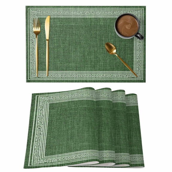 Cameo Green Abstract Art Placemats Set of 12, Vintage Linen Greek Key Geometric Non-Slip Place Mats Washable Table Mats for Kitchen Dining Table Decorations Indoor/Outdoor