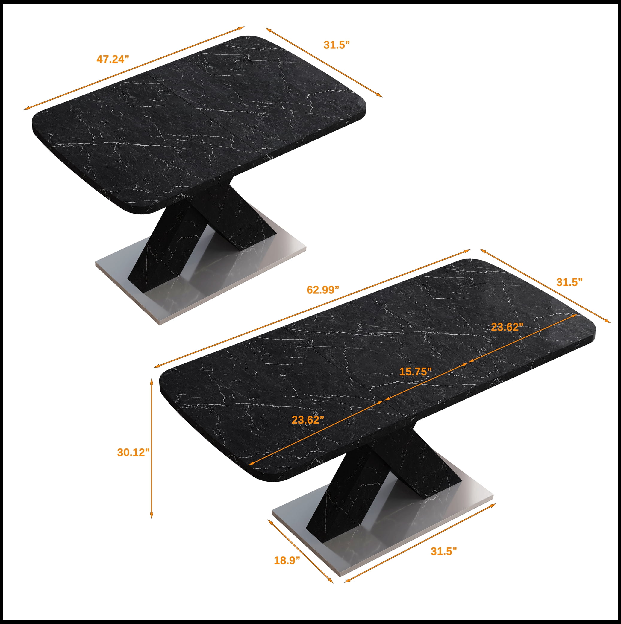 Modern Square Dining Table,Stretchable,Printed Black Marble Table Top+MDF X-Shape Table Leg with Metal Base