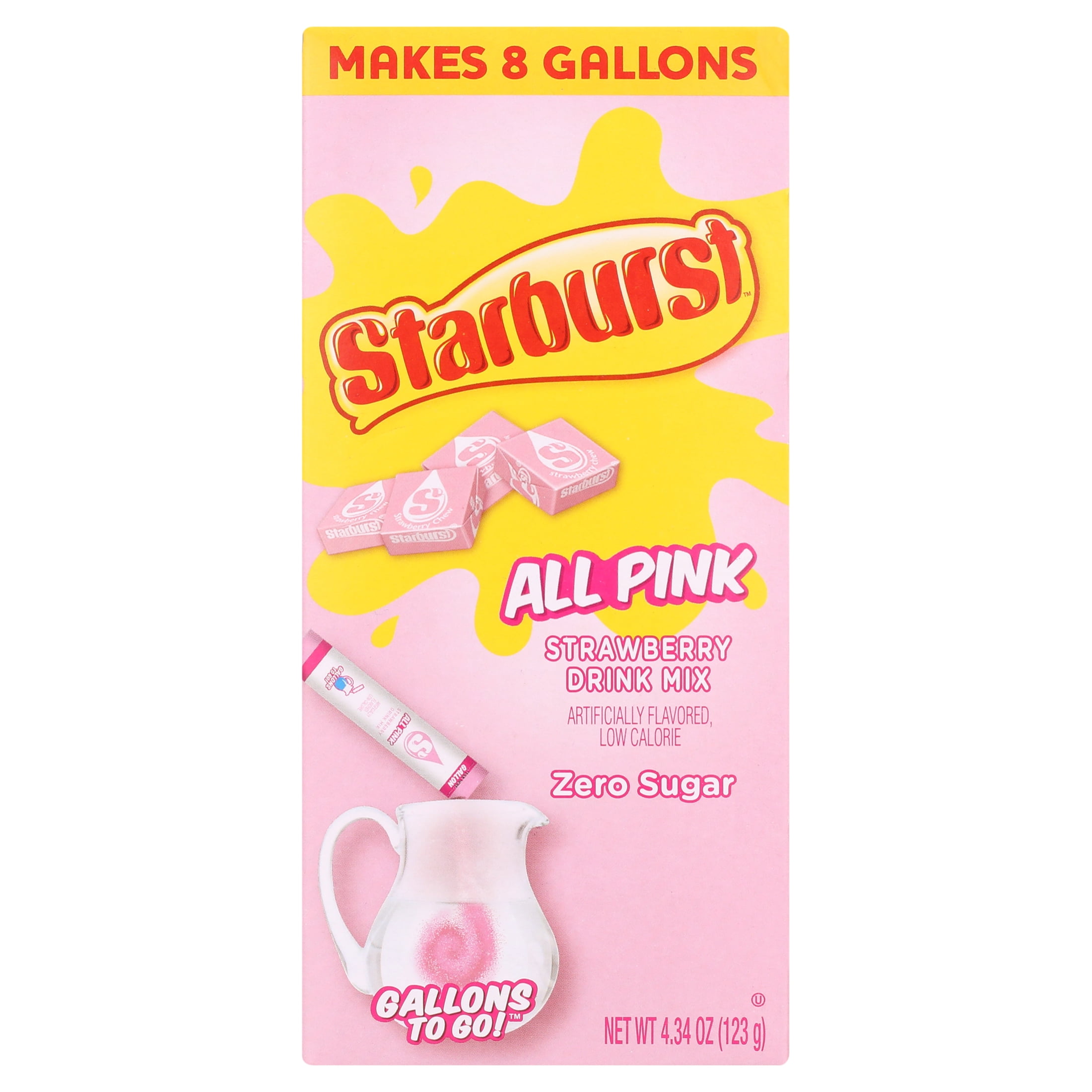 Starburst Zero Sugar Gallons-to-Go Powdered Drink Mix, All Pink Strawberry, 8 Count Gallon Pitcher Packets