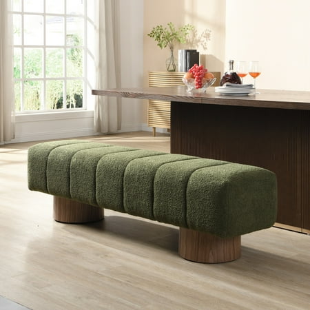 Deiokin 64" Upholstered Dining Bench, No-Assembly Boucle Fabric Bench with Wood Legs, 300lb Capacity