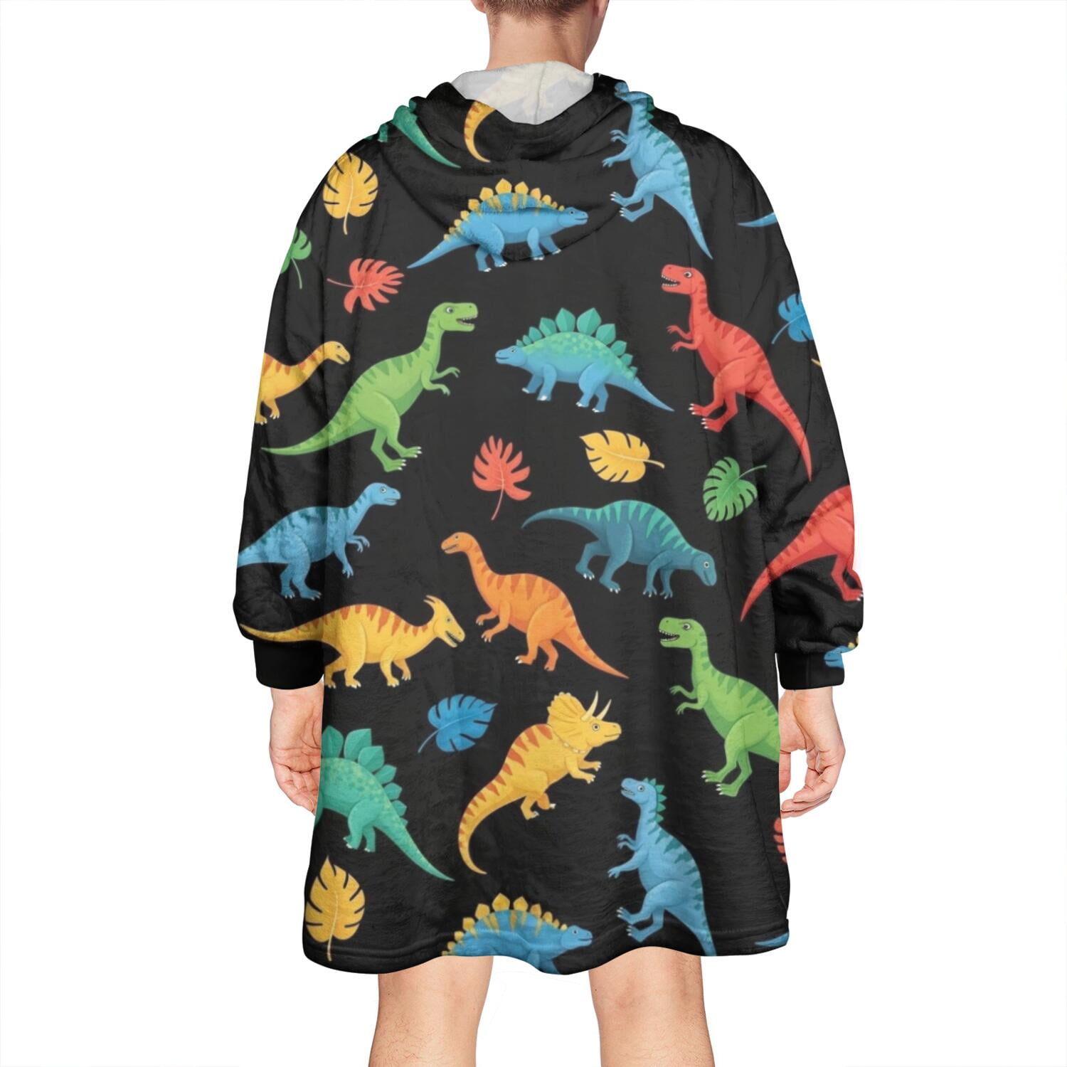 Wearable Oversized Blanket,Black Cartoon Dinosaurs Colorful Leaves Pattern Wearable Blanket Hoodie for Adults,Cozy Hooded Blankets with Super Pockets,Super Warm Fuzzy Pullover for Women & Men