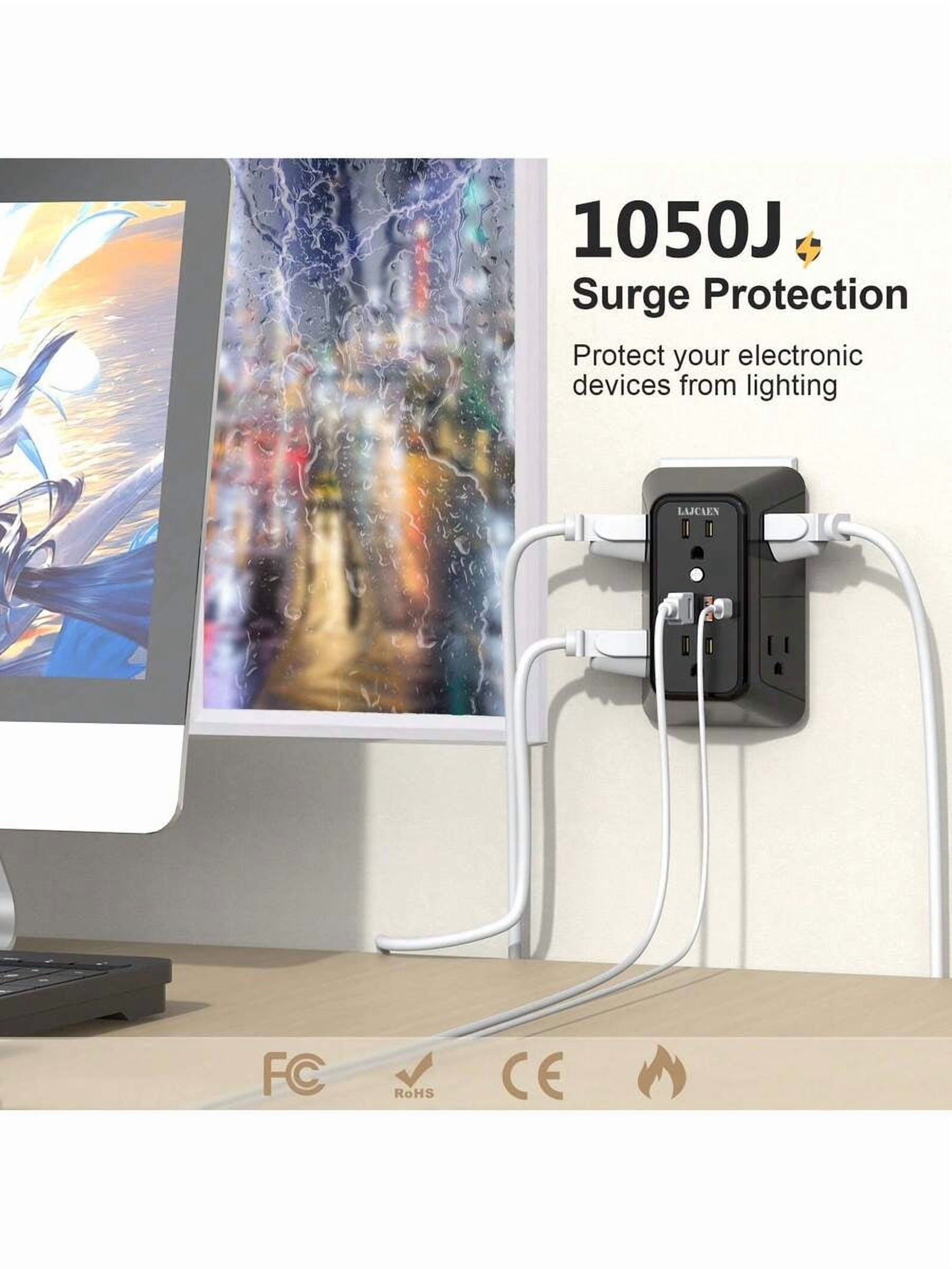 2 Pack Wall Outlet Extender - 6 AC Outlets & 4 USB Charger (2 USB C Ports), 1050J Surge Protector Power Strip, 3-Side Space Saving Design, Wall Mountable For Home, Dorm, Office Essentials