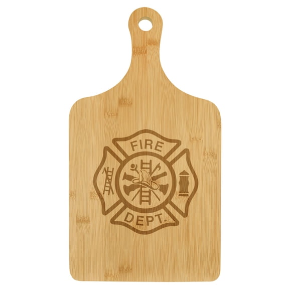 Charcuterie Board With Handle Cheese Board Bamboo Cutting Board Gift Fire Department Firefighter Maltese Cross (Standard 15.5” x 9”)