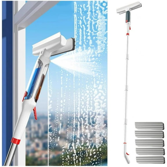 75'' Spray Window Cleaning Kit with 4-Section Extension Pole, 4 in 1 Glass Squeegee Professional Window Cleaning Kit with Sewage Collector and 5 Pads