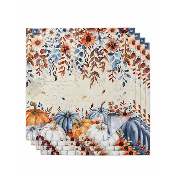 Fall Orange Blue Cloth Napkins Set of 4 Reusable Dinner Napkins, Thanksgiving Floral Botanical Vintage Cocktail Napkin Washable Table Napkins for Wedding/Holiday Party/Baby Shower 20"x20"