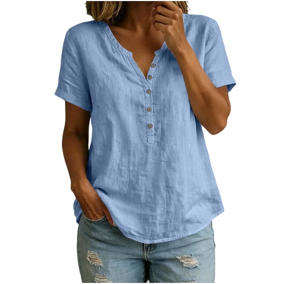 cocolona Summer Linen Tops for Women V Neck Short Sleeve Button Shirts Dressy Casual Loose Blouses