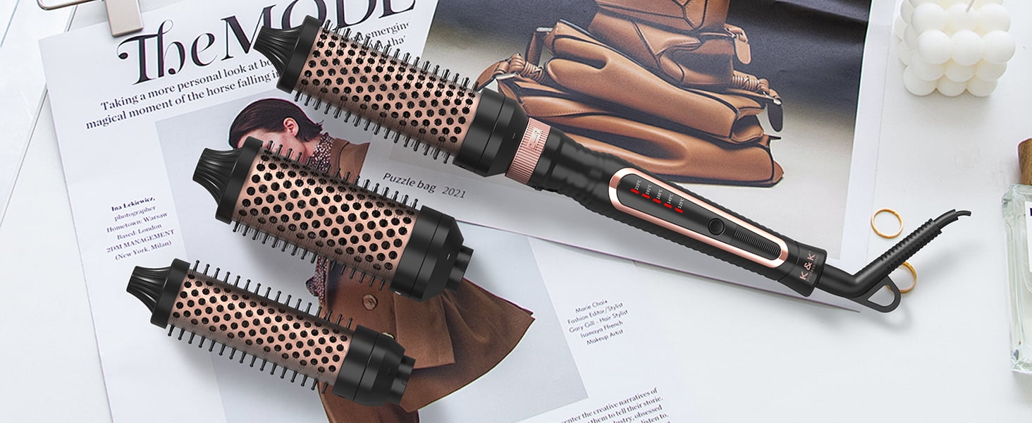 Thermal Brush 3 in 1 Set Ionic Heated Round Curling Create Volume & Smoother Hair Style for Fully Dried Hair Ceramic Fast Heating Curling Iron Brush with Temperature Lock & Auto-Power Off
