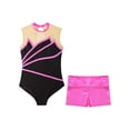 thumbnail image 3 of Yeahdor Kids Girls Gymnastics Dance Outfit Metallic Striped Leotard Sheer Mesh Patchwork Bodysuit with Metallic Shorts Hot Pink 14, 3 of 7