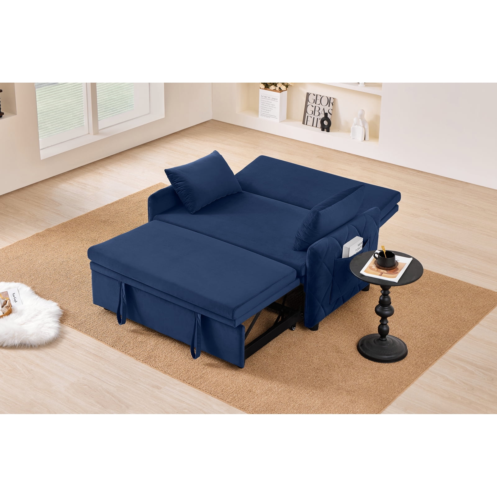Leumius 3 in 1 Convertible Sleeper Sofa Bed, Modern Convertible Sofa Bed with 5-Position Adjustable Backrest,Velvet Pull Out Couch with Pull Out Bed for Living Room Furniture,Blue