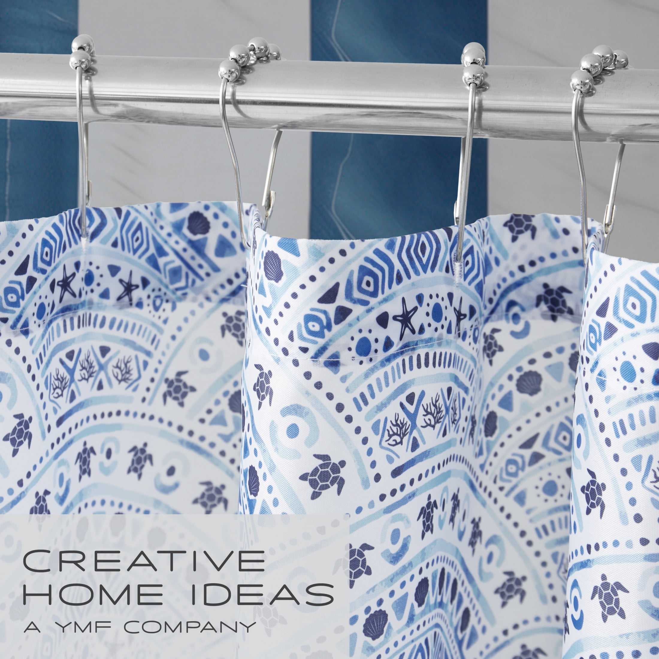 CHI Scalloped Mosaic Shower Curtain with Hooks and Rugs Modern Washable 72" W x 72" L 15-Piece Set