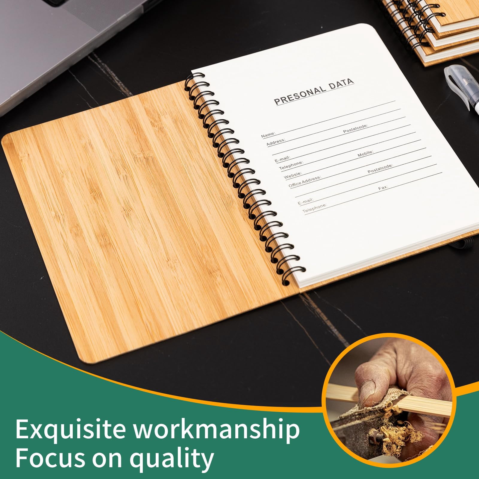 4 Packs Lined Bamboo Notebook Journals  Wooden Notebooks 80 Pages 5" * 7" Hardcover College Thick Paper Journaling For Work Women Men School