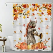 HVEST Fall Harvest Pumpkin Shower Curtain for Bathroom,Cute Cat and Fall Leaves on Vintage Grey Wood Fabric Shower Curtain with Hooks,Farmhouse Thanksgiving Bathroom Curtain Shower Set, 60x72 inches