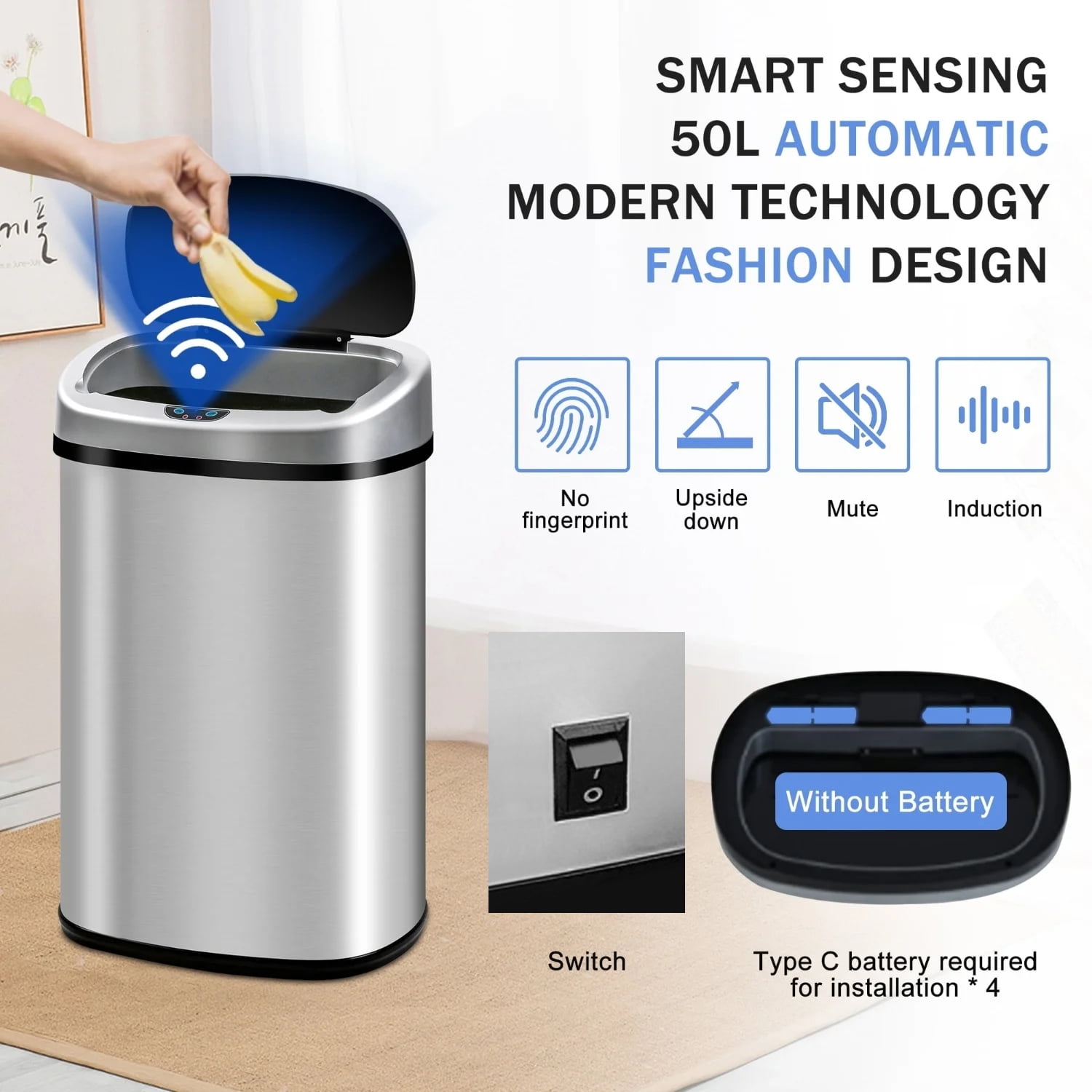13 Gallon Kitchen Trash Can Automatic Stainless-Steel Garbage Can with Touch-Free & Motion Sensor, Anti-Fingerprint Mute Designed Brushed Waste Bin for Home, Silver