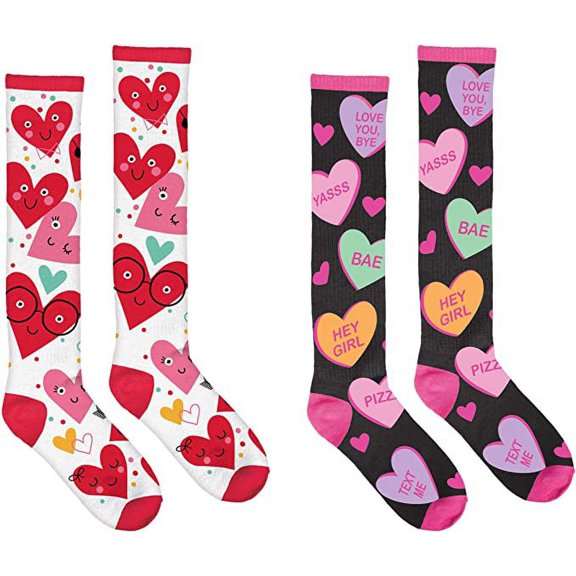 Set of 2 Themed Valentine's Day Knee High Socks - One size fits all (14 ) (Hearts)
