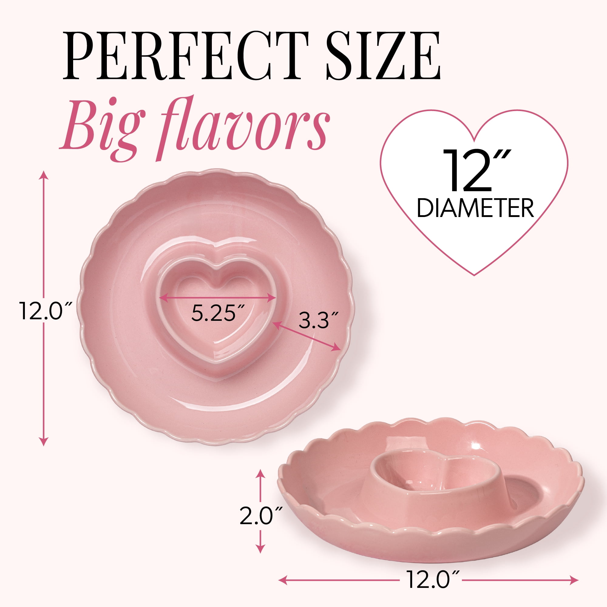 Paris Hilton Ceramic Stoneware Chip and Dip Serving Tray, 12-Inch, Scalloped Rim, Microwave and Dishwasher Safe, London Pink