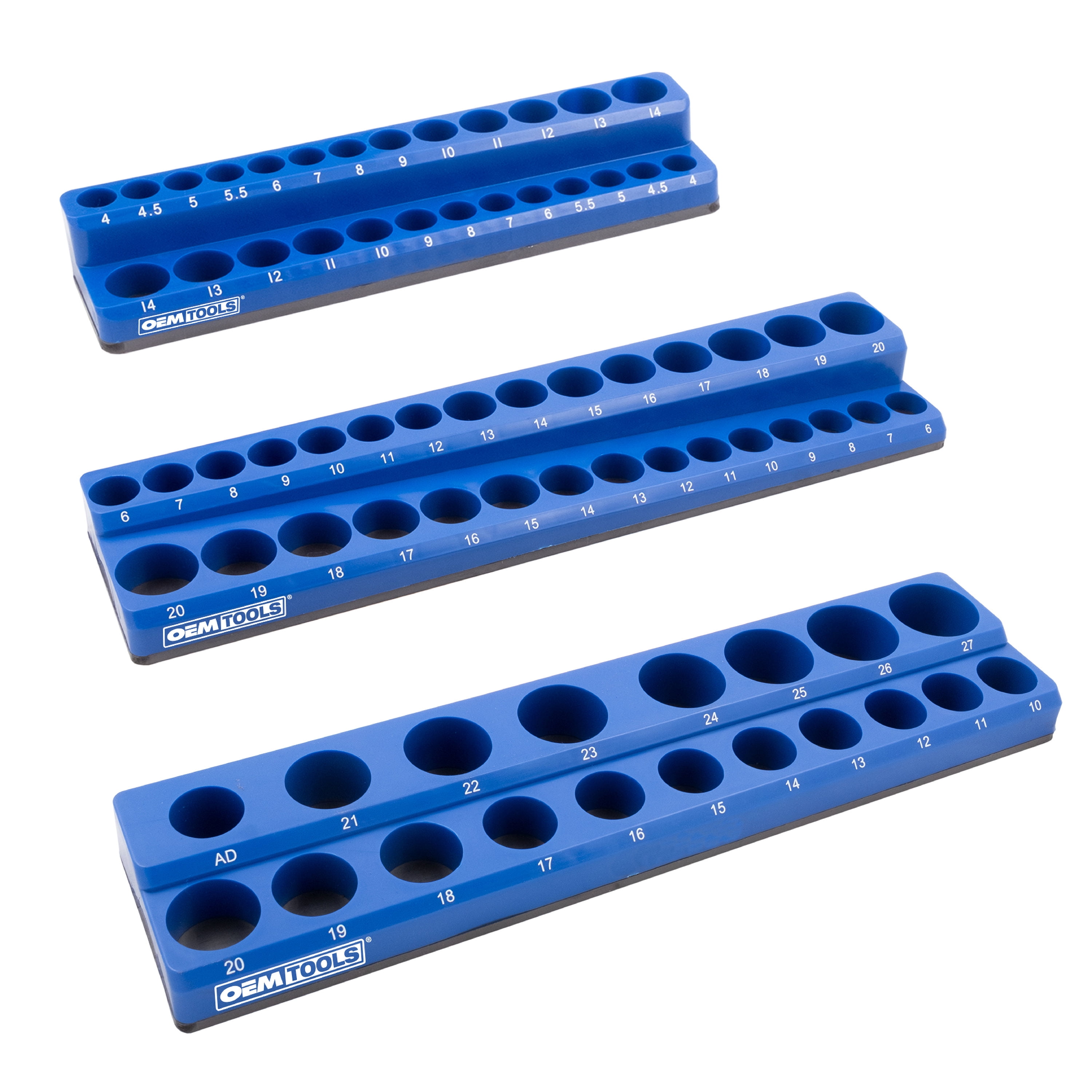 and 1/2 Inch Shallow and Deep Socket Holder Tool Box Organizer OEMTOOLS 22484 3 Piece Magnetic Socket Organizer Holds 68 SAE Sockets Red 1/4 Inch 3/8 Inch 