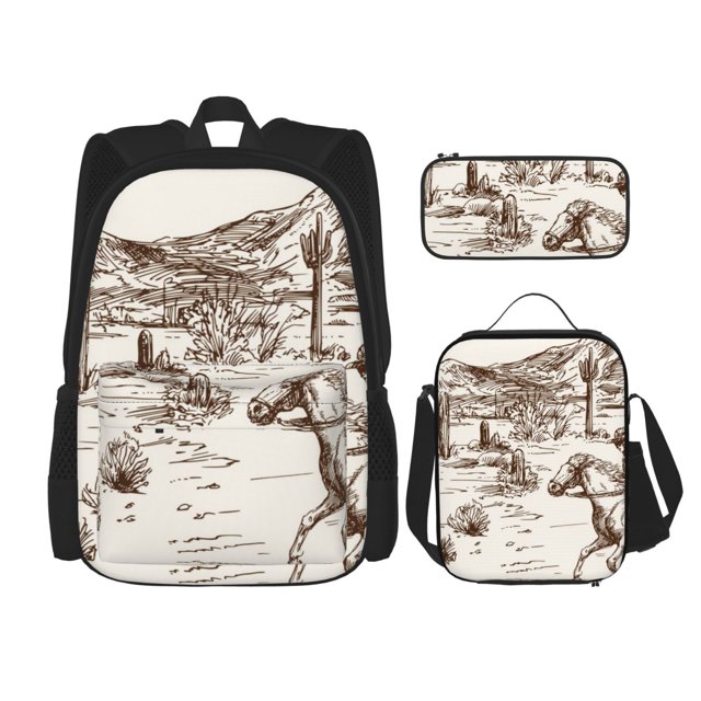 Fotbe Western Desert Cowboys3 Set Escolar 3 en 1 para Niños - Mochila Duradera con Lonchera Aislante y Estuche para Lápices - Mochila Escolar para Niños y Niñas