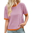 thumbnail image 1 of Fgnfyis T-Shirt Tricoté à Manches Courtes Col Rond avec Design à Rayures et Blocs de Couleur pour Femmes Hauts d'Été pour Femmes Violet TTG, 1 of 6