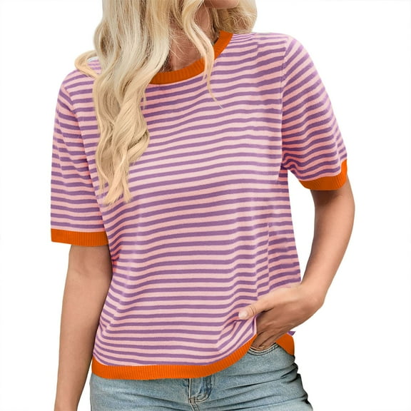 Krdevn Short Sleeved Round Neck Knitted T Shirt with A Striped Color Blocking Design for Women,Women's Tops, Tees & Blouses,Size:XXL