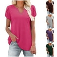 thumbnail image 7 of Lovskoo Women's Dressy Casual Tops Button Up Shirts Solid Color V Neck Petal Short Sleeve Shirts 2024 Summer Tops Tunic Casual T-Shirts Purple S, 7 of 7