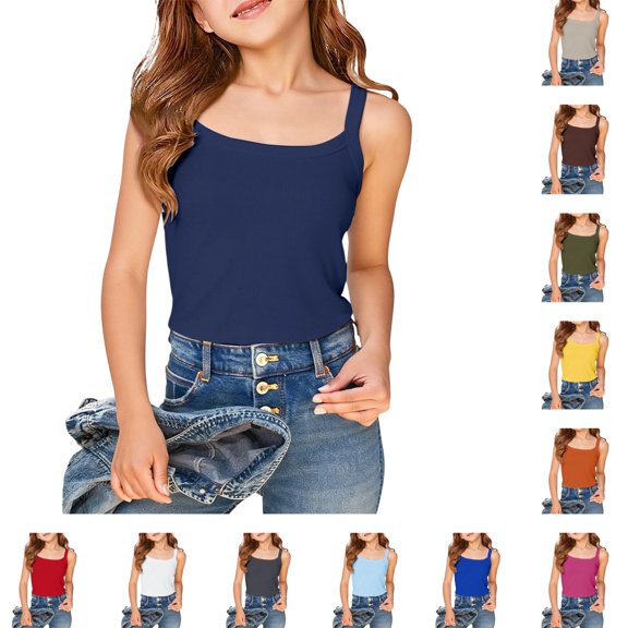 HNMKIU Girls Tops Solid Camisole Sleeveless Tank Top Slim Fit Casual Basic for Ages 7-16Y