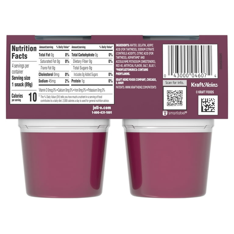 Jell-O Zero Sugar Black Cherry Gelatin Snack Cups, Pre-Made, 4 Ct