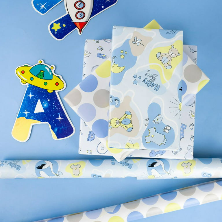 LeZakaa Baby Shower Wrapping Paper - Mini Roll - Bear/Balloon, Baby/Polak Dot Print in Blue for Baby Boy - 17 x 120 Inches - 3 Rolls