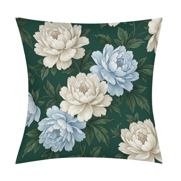 Botanical Pattern of White And Blue Peonies on Dark GreenSet of 2 Faux Linen Throw Pillow Covers, Soft & Breathable Polyester Cushion Cases