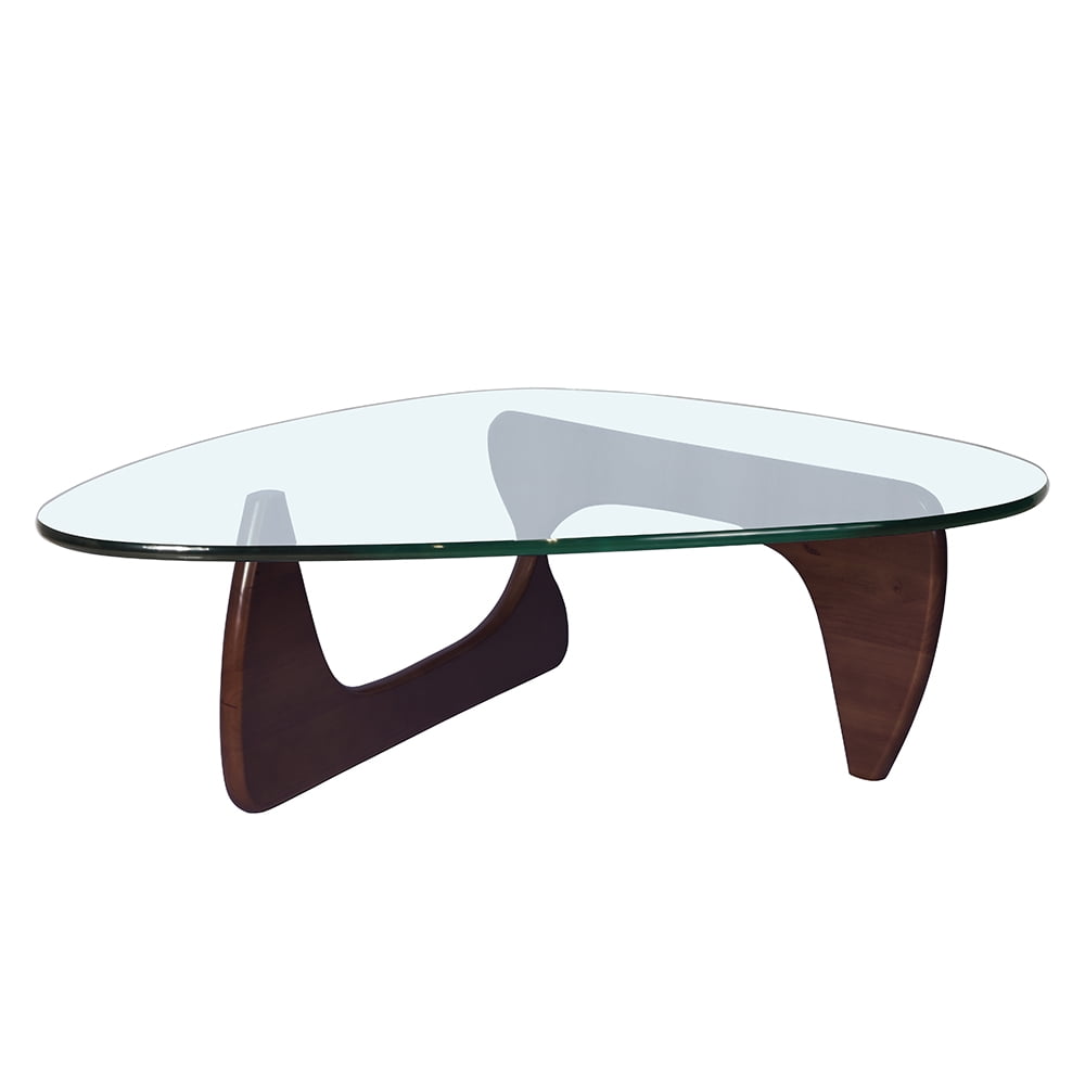 Home Modern Triangle Coffee Table Glass Top Wood Base