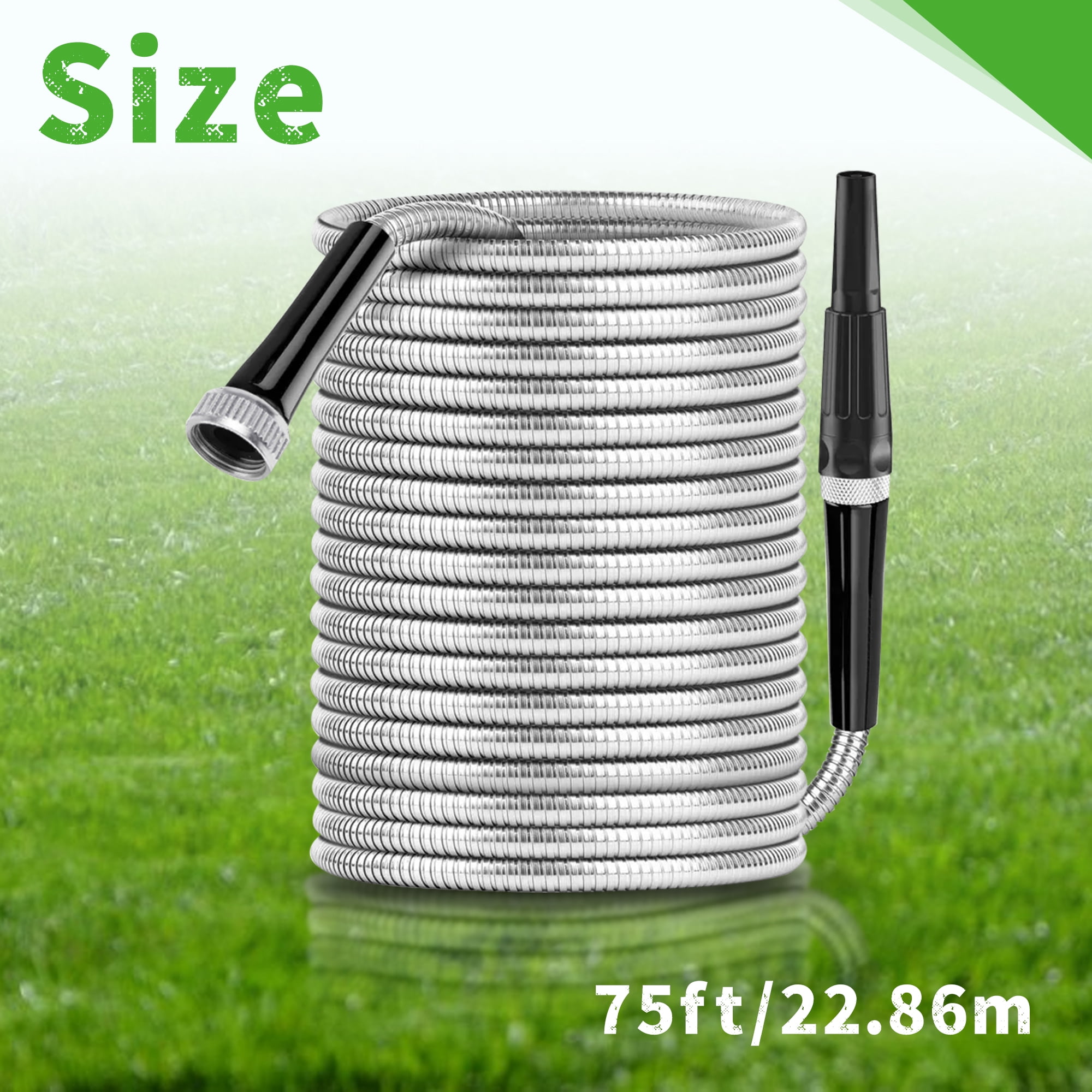 75ft 304 Stainless Steel Garden Hose Flexible Lightweight Out-layer Over Metal Water Hoses with Nozzle for Watering Garden Patio