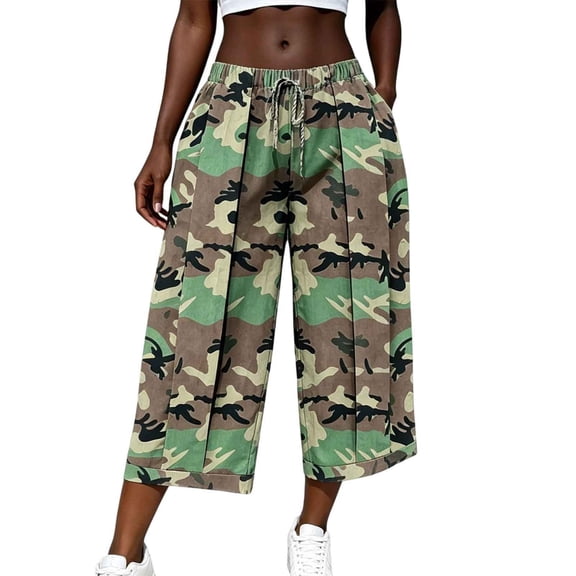 Venzia Women Camo Drawstring Capri Wide Leg Cropped Pants Casual Culottes