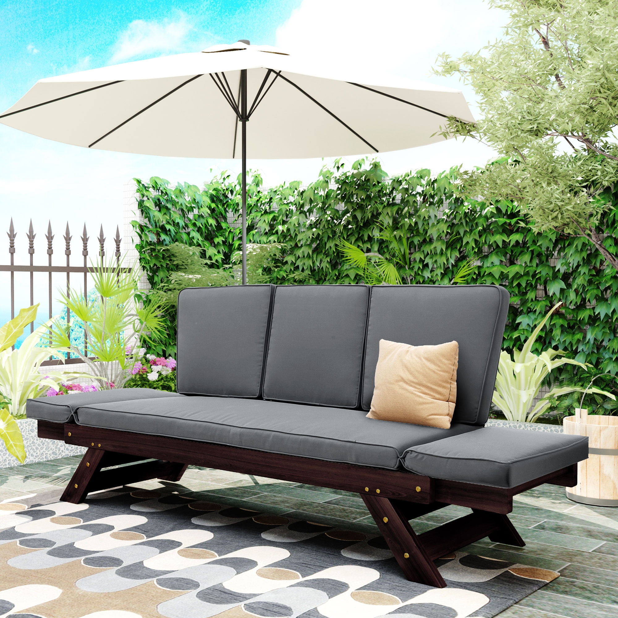 enz Vermelden Maak een naam Wood Patio Convertible Couch Sofa Bed with Adjustable Armrest, Outdoor  Daybed Convertible Chaise Lounger Sofa Bed for Porch Courtyard Poolside -  Walmart.com