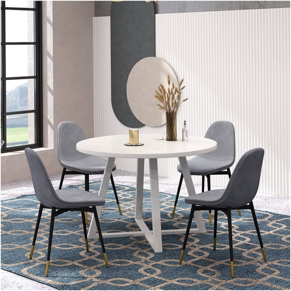 Gray and White 5-Piece Round Dining Set with Trestle Table and Velvet Chairs