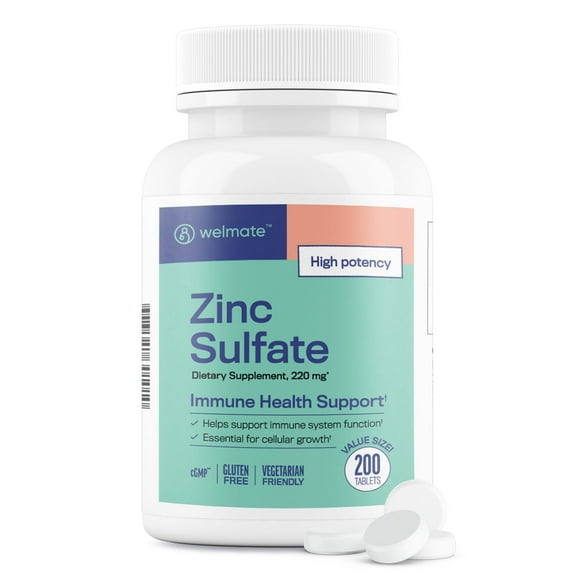 WELMATE Dietary Supplement, Zinc Sulfate 220mg Immune Health Support - 200 Tablets