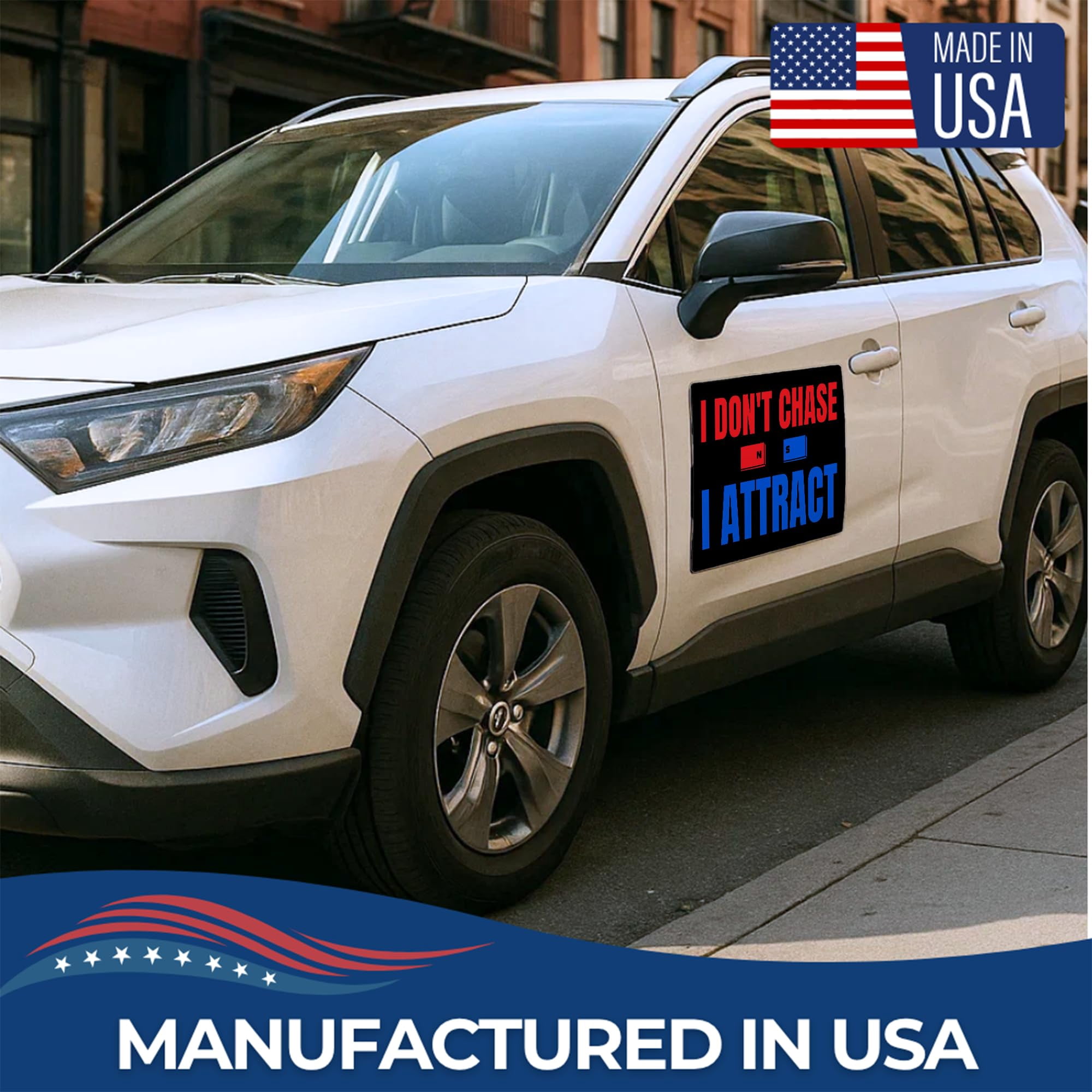 I Dont Chase I Attract Car Magnet Sign by DC, 12"x18" flexible car magnetic sheets with adhesive backing, bumper magnet sticker for vehicles, trucks & business advertising signs, 2 PC, Made in USA