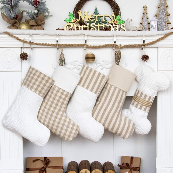 LUBOT Set of 4 Christmas Stockings(20inch) Plaid/Rustic/Farmhouse/Country Fireplace Hanging Canvas Handmade Xmas Stocking Decorations for Family Holiday Season Decor
