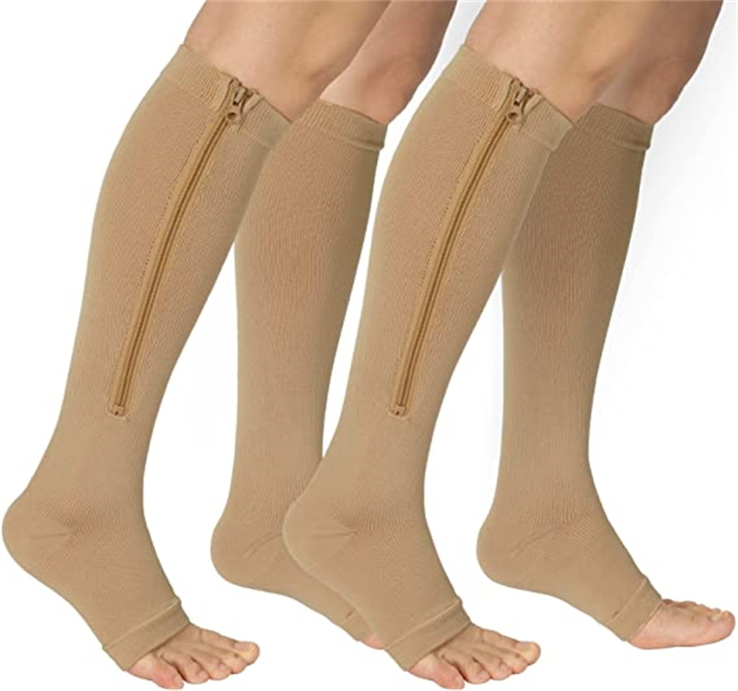 Wukang 2 Pairs Zipper Compression Socks for Women Men Beige Open Toe
