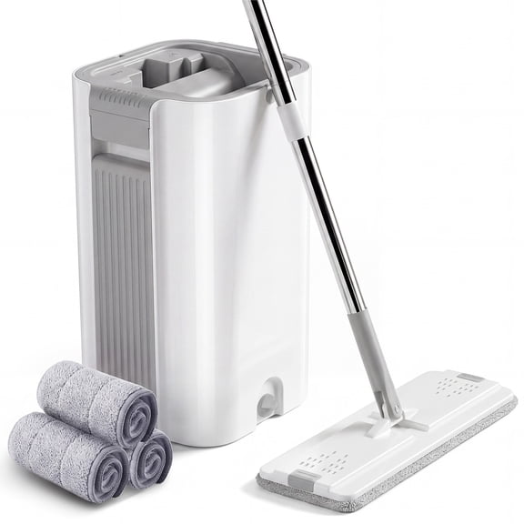 Flat Mop and Bucket Set, Wet/Dry System with Wringer, 3 Microfiber Pads, Hardwood Floor & Wall Cleaning Mop with Long Handle for Home Commercial Use
