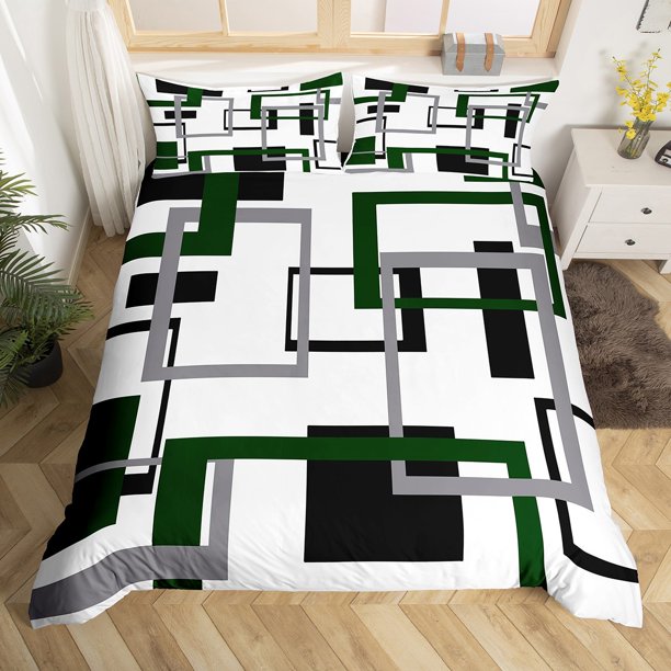 YST Black and White Green Duvet Cover Full Size,Squares Bedding Set for Kids Boys Girls,Modern