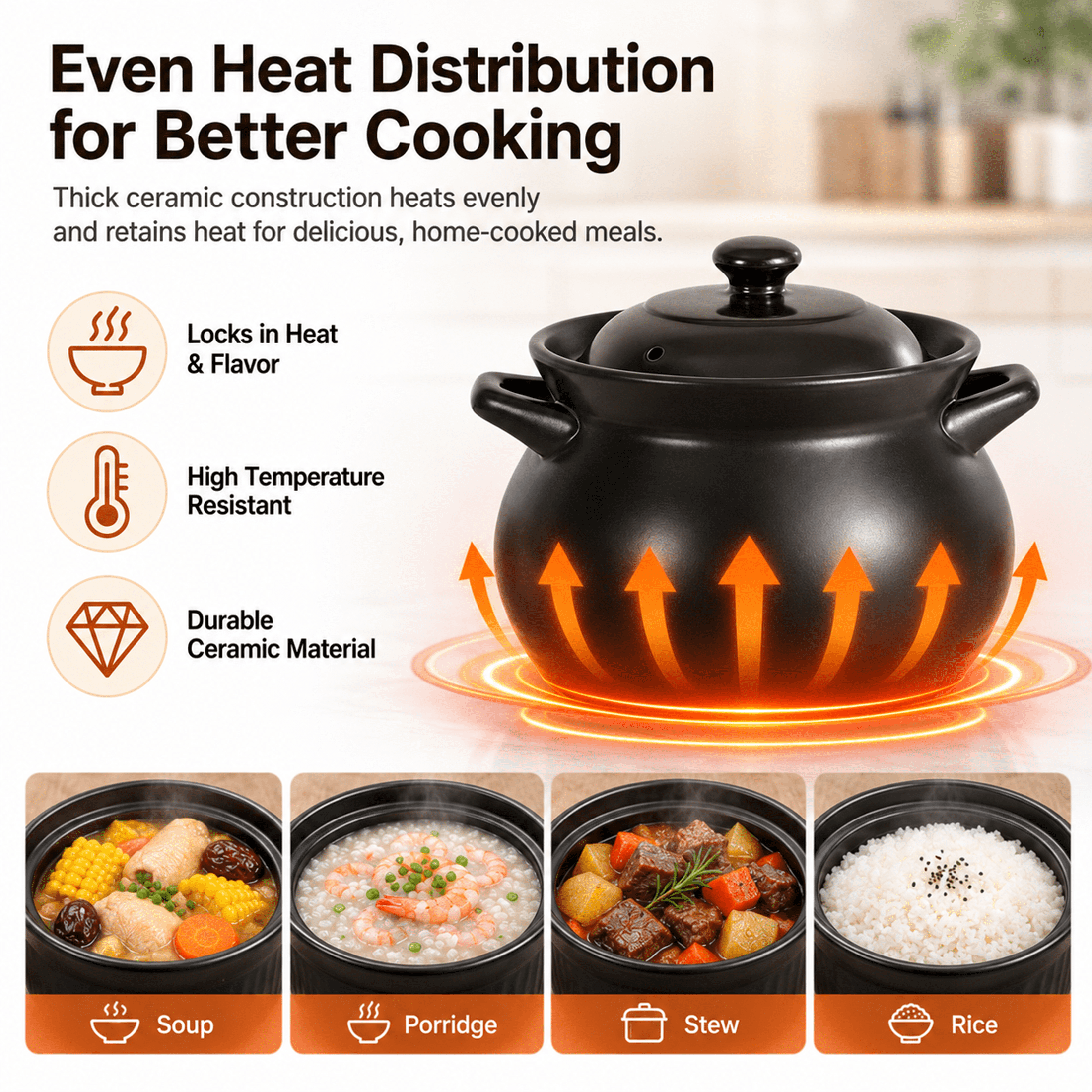 4 Quart Cauldron Slow Cooker with No Removable Crock Hard Porcelain Enamel Nonstick Covered Ceramic Casserole Pot, Nutrient-Rich Soup & Porridge Pot for Gas Stoves