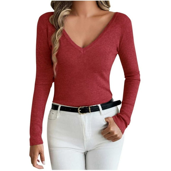 GigrtiJin Women's New V-Neck Sweater Long Sleeved Knitted Pullover Tops Casual Solid Color Basic Comfy Sweaters