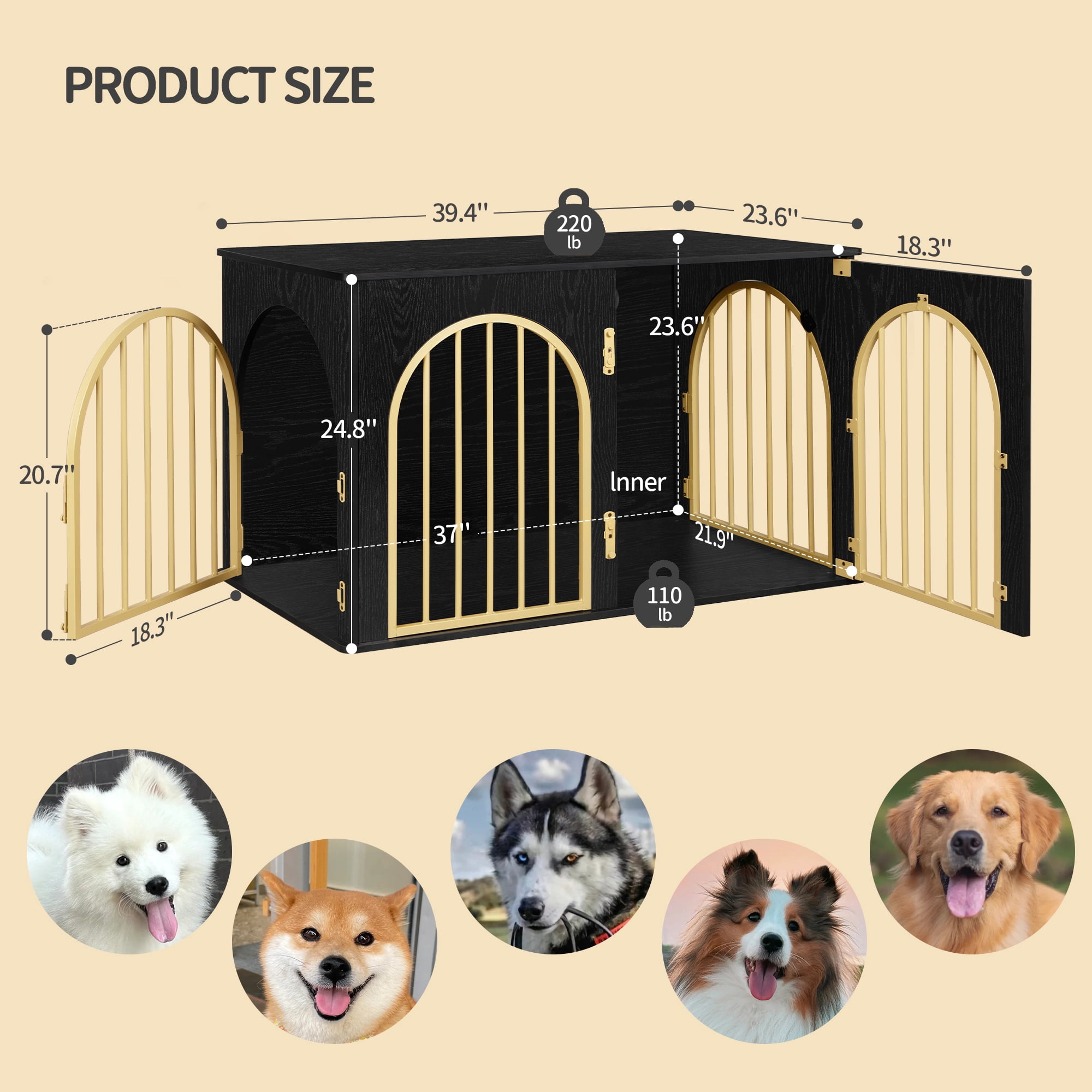 39.4" Dog Crate Furniture, Dog Kennel Indoor Arched Door Design for Small/Medium/Large Dog